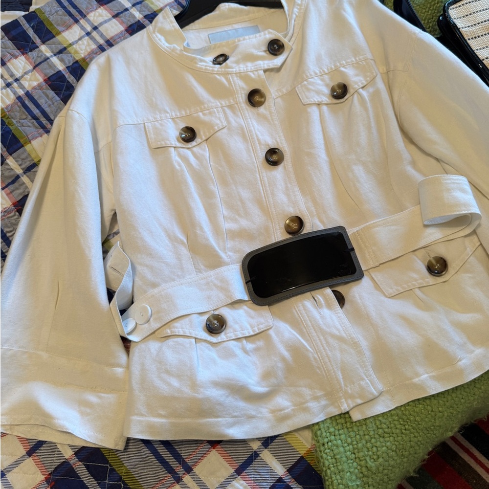 ZARA BADIC White Lined Linen Jacket with Black Belt and Button Accents